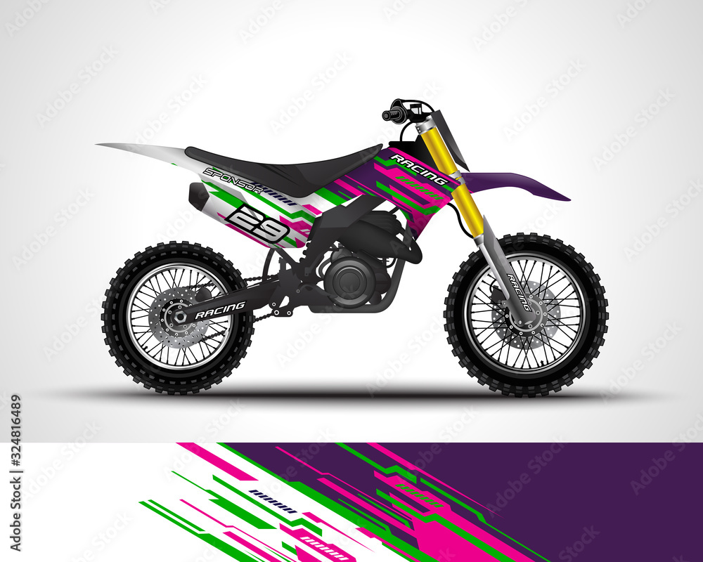 Obraz premium Racing motorcycle wrap decal and vinyl sticker design. Concept graphic abstract background for wrapping vehicles, motorsports, Sportbikes, motocross, supermoto and livery. Vector illustration.