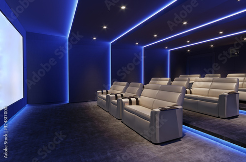 3d home cinema room with blue light and beige leather armchairs with screen