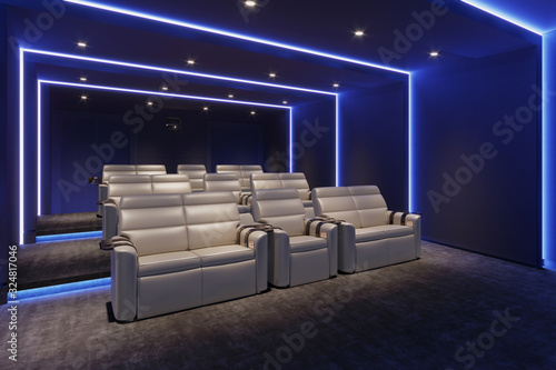 3d home cinema room with blue light and beige leather armchairs photo