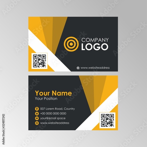 Simple geometric yellow and black business card with qr code design, professional name card template vector