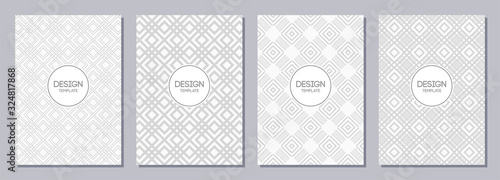Set of flyer, posters, banners, placards, brochure design templates A6 size. Graphic design templates for logo, labels and badges. White and gray geometric textures. Abstract vector backgrounds.