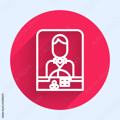 White line Casino dealer icon isolated with long shadow. Casino croupier. Red circle button. Vector Illustration