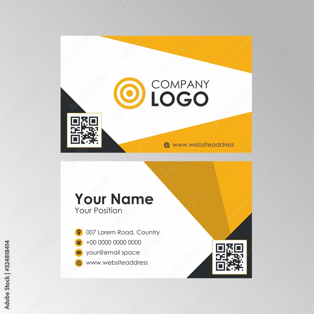 Simple geometric yellow, white and black business card with qr code design, professional name card template vector