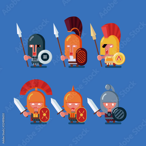 A set of antique warriors that are suitable for animation, games and your design. Flat design. Stock, vector graphics.
