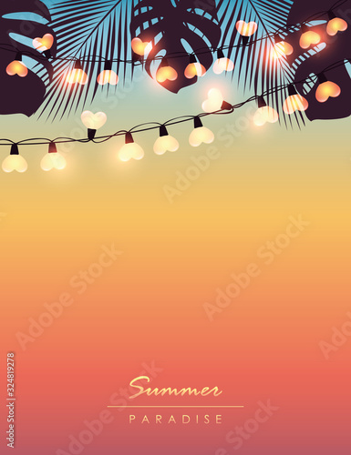 tropical summer paradise background with fairy light and palm leaves vector illustration EPS10
