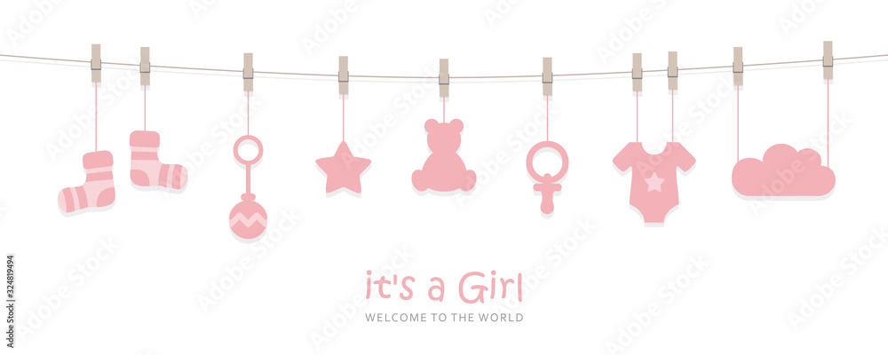 its a girl welcome greeting card for childbirth with hanging baby utensils vector illustration EPS10