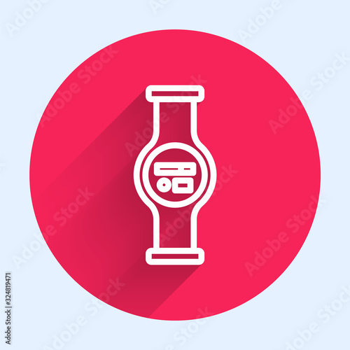 White line Water meter with pipeline icon isolated with long shadow. Red circle button. Vector Illustration