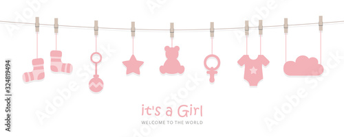 its a girl welcome greeting card for childbirth with hanging baby utensils vector illustration EPS10