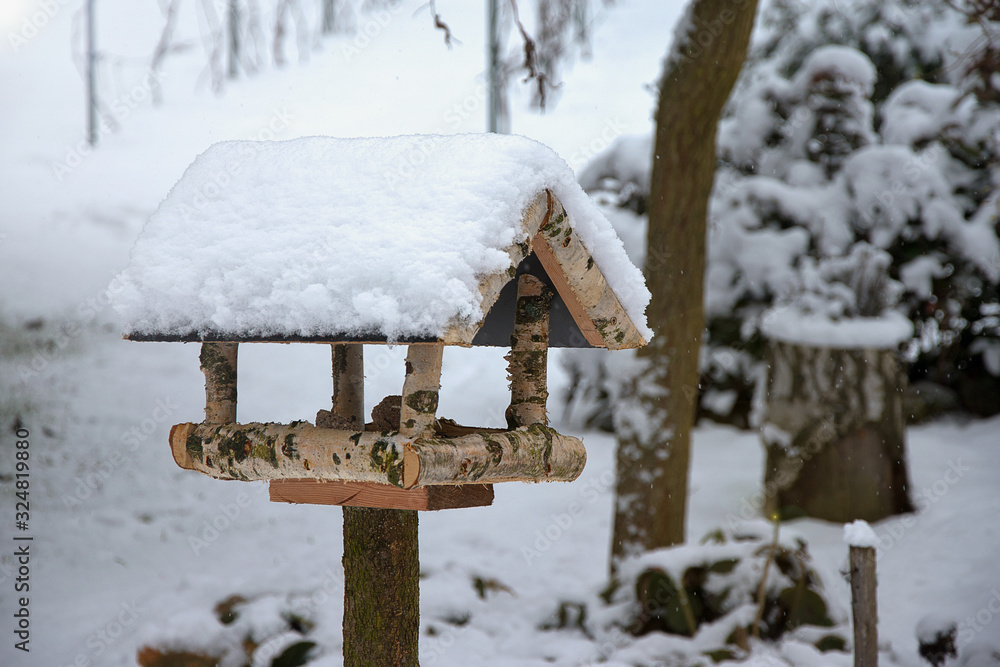 Bird feeder in winter covered with snow. Home made. Helping birds in winter Bird feeder in winter covered with snow. Home made. Helping birds in winter