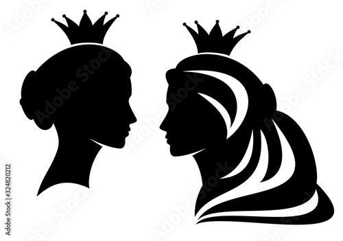 fairy tale medieval queen or princess profile head silhouette - beautiful royal female black vector side view portrait