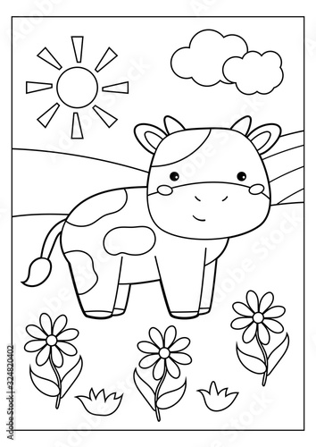 Educational game for children. Cute kawaii cow with flowers. Farm animals. Coloring page.