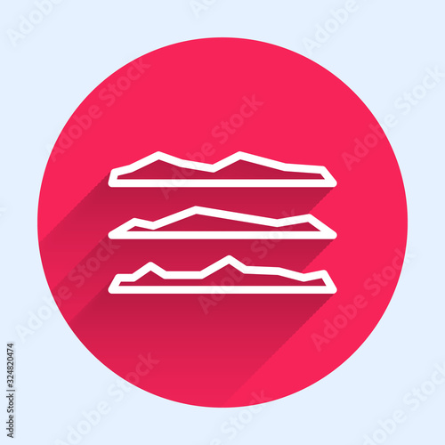 White line Strips of cocaine or heroin drug icon isolated with long shadow. Red circle button. Vector Illustration