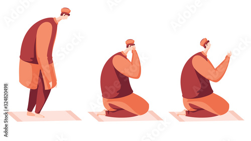 Muslim Men Praying in Different Step.