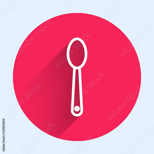 White line Heroin in a spoon icon isolated with long shadow. Concept of drug addiction and dependence from the narcotic. Junkie lifestyle. Red circle button. Vector Illustration