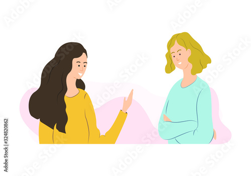 Female characters talking to each other. Girl gesturing in conversation and girl with crossed arms. Vector flat cartoon colorful illustration.