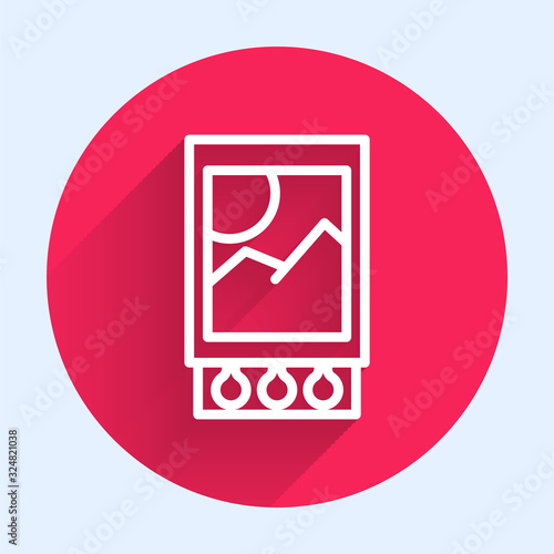 White line Open matchbox and matches icon isolated with long shadow. Red circle button. Vector Illustration