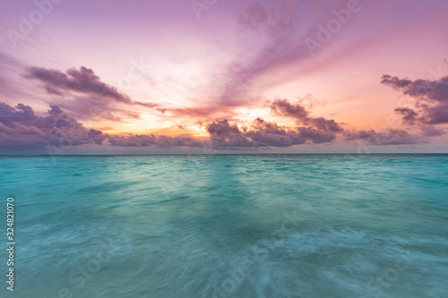 Inspirational calm sea with sunset sky. Meditation ocean and sky background. Colorful horizon over the water. Dramatic 