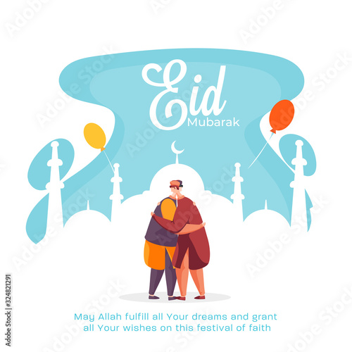 Muslim Men Hugging Each Other in Front of Mosque with Balloons on the Occasion of Eid Mubarak.