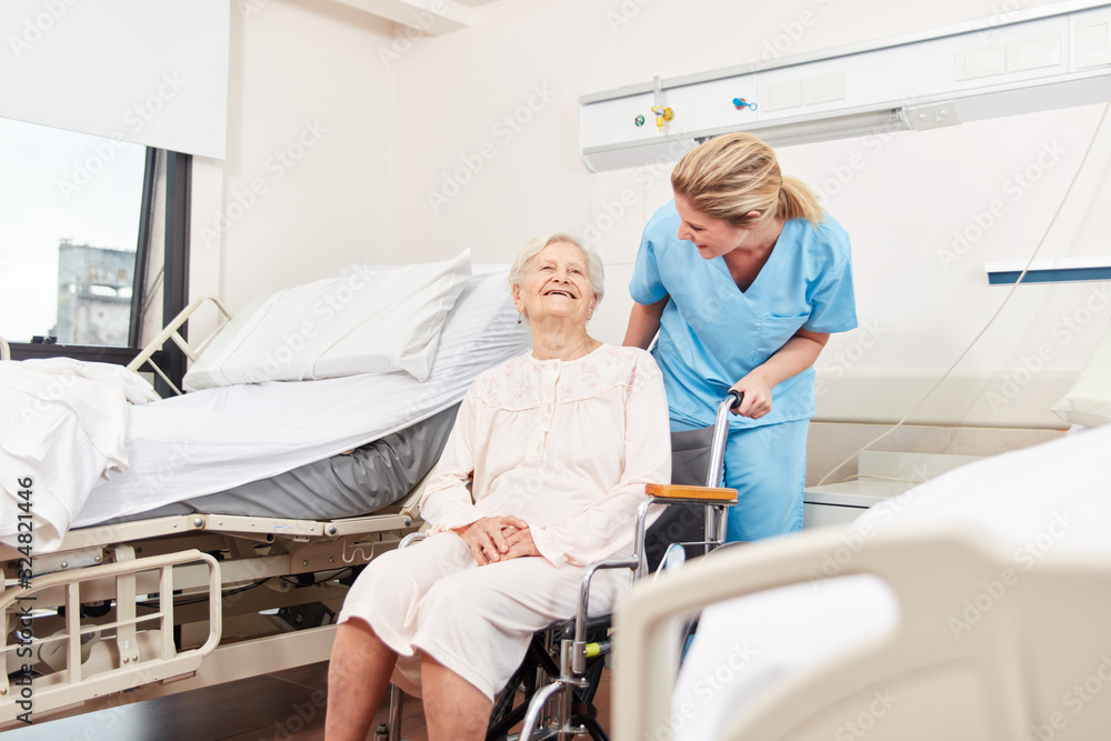 Senior is being cared for by geriatric nurse