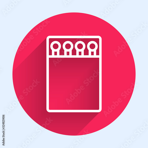 White line Open matchbox and matches icon isolated with long shadow. Red circle button. Vector Illustration