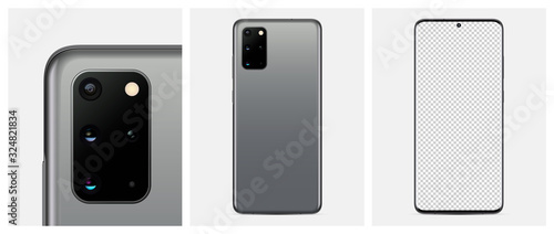 Mock-up smartphone Gray color. Back side smartphone with camera and blank screen smartphone for your design. Vector illustration EPS10