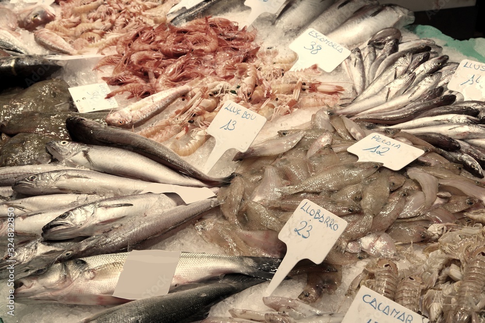 Sea food market - Boqueria, Barcelona. Retro style filtered color.