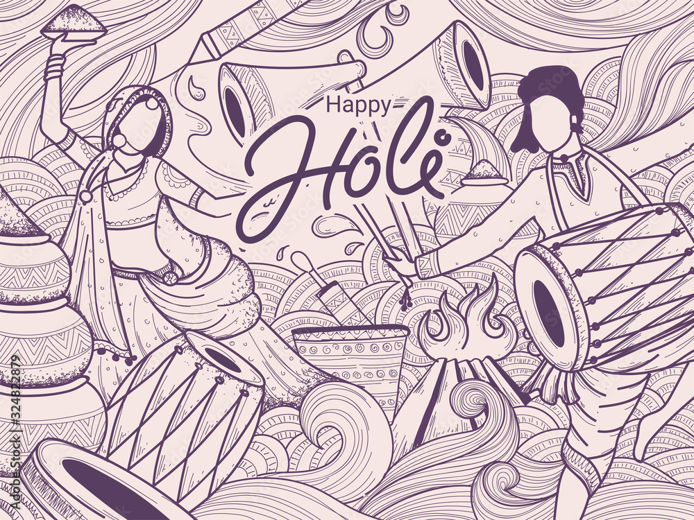 Doodle Style Illustration of Couple Enjoying or Celebrating Holi Festival with Drum (Dhol), Color Mud Pots, Bucket, Water Gun and Bonfire on Curly Splash Background.
