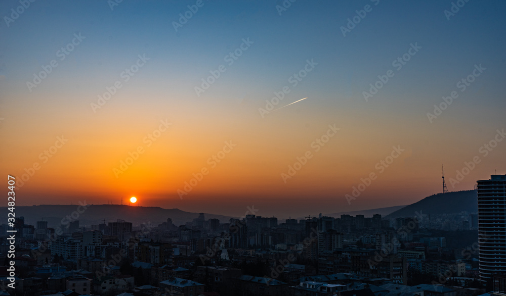 Beautiful sunrise over Tbilisi's downtown