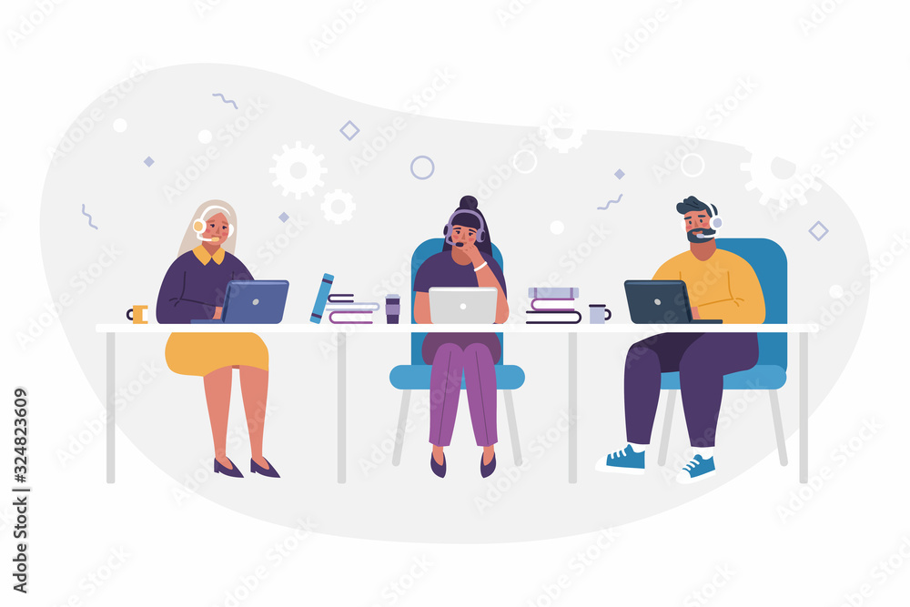People coworking on computer with headsets vector illustration