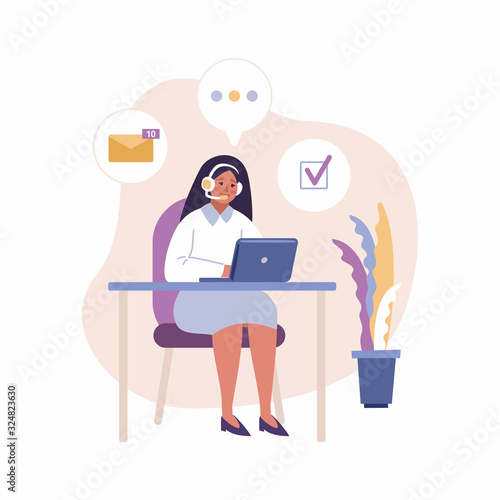 Vector illustration of man with headset working with laptop. Call center with CRM illustration