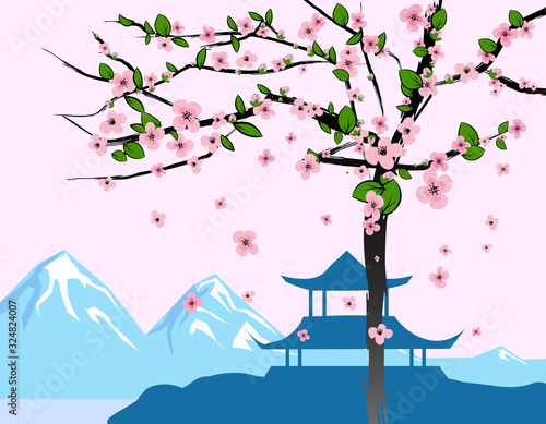 Chinese traditional or Japanese landscape, with pagoda and mountains, flowering tree
