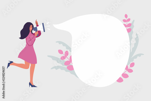 Vector illustration woman with megaphone promoting sale on clear background. International womens day, 8 march. Free place for text for Landing Page