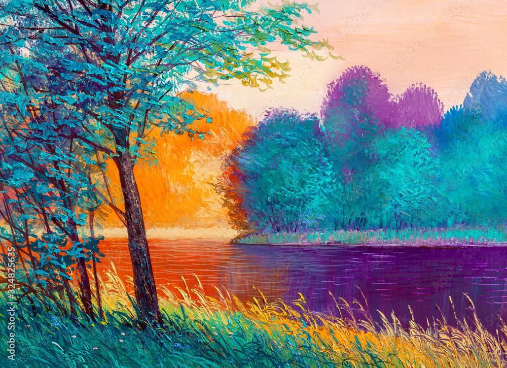 Oil painting landscape , beautiful river. - obrazy, fototapety, plakaty 