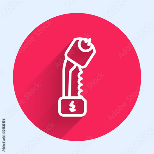 White line Police electric shocker icon isolated with long shadow. Shocker for protection. Taser is an electric weapon. Red circle button. Vector Illustration
