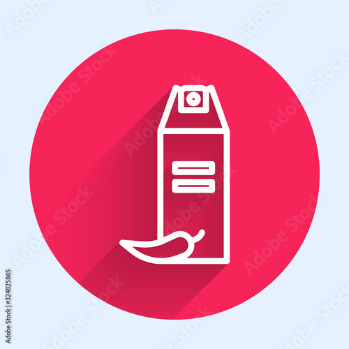 White line Pepper spray icon isolated with long shadow. OC gas. Capsicum self defense aerosol. Red circle button. Vector Illustration