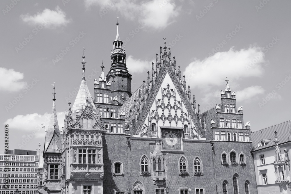Wroclaw city hall. Black and white retro style photo.
