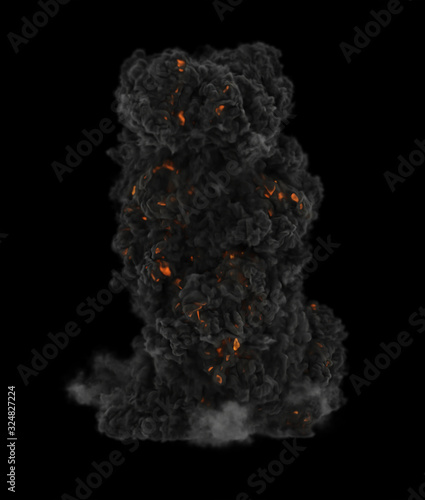 Explosion With Heavy Thick Smoke Isolated On Black Background