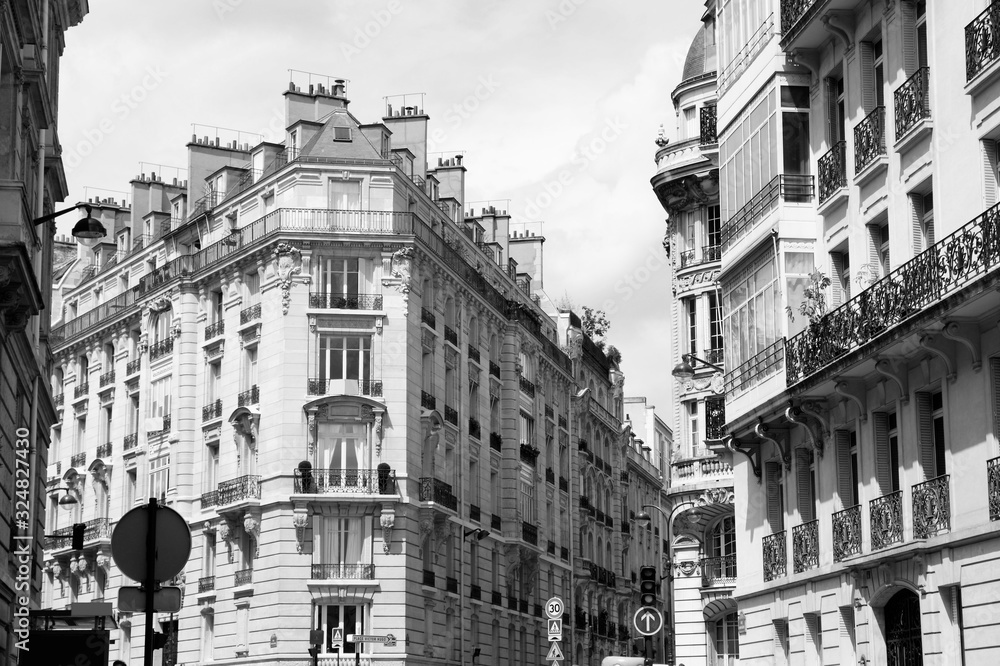 Paris street view. Black and white vintage style photo.