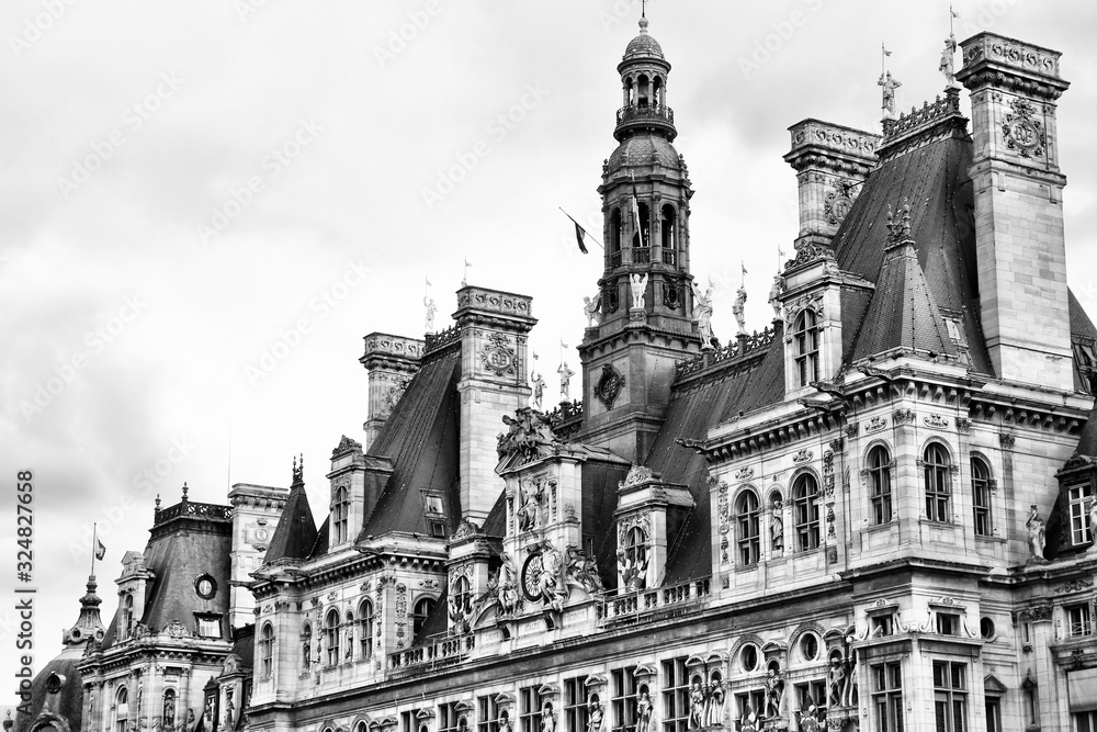 Paris - Hotel de Ville. Black and white vintage style photo.