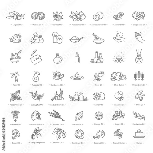 Vector set of natural ingredients and oils for cosmetics in linear style