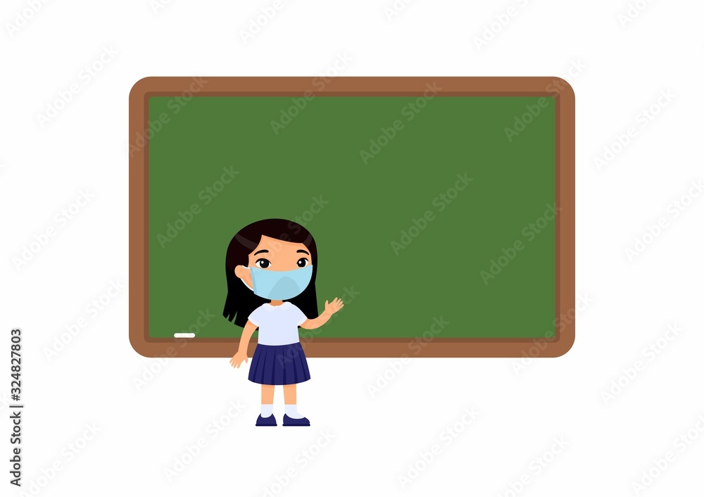 Elementary school pupil with protective mask on her face flat vector illustration. School girl standing at blackboard. Virus protection, allergies concept. Vector illustration on a white background. Elementary school pupil with protective mask on her face flat vector illustration. School girl standing at blackboard. Virus protection, allergies concept. Vector illustration on a white background.
