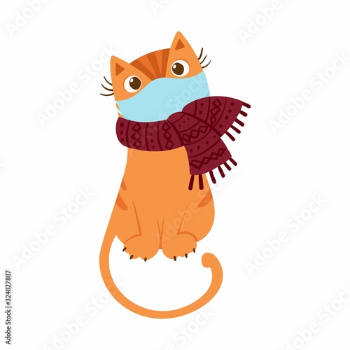 Cute kitten in a scarf with a respiratory mask on his face. The concept of protection against respiratory diseases; allergies. Vector illustration on a white background.