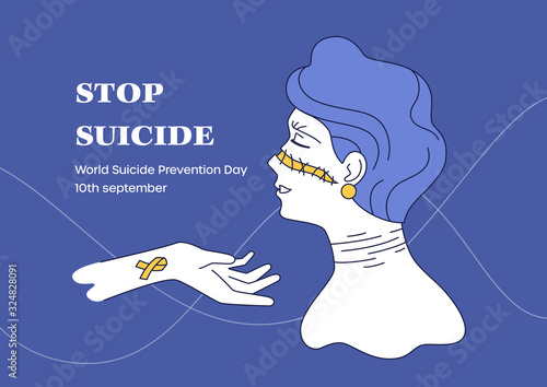 World Suicide Prevention Day vector illustration. Somebody lend a helping hand to broken lady. Isolated girl with self-harm scars on her neck. Art about mental health women, depression concept