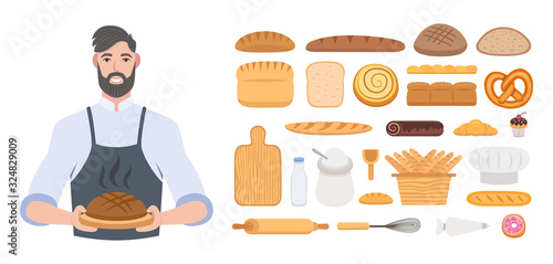 Bakery or baker shop, pastry and baking ingredients at kitchen. Vector design of baker man with wheat bread. Wheat, rye bread, loaf, grain, pretzel, bun, roll, french baguette. Cartoon illustration.