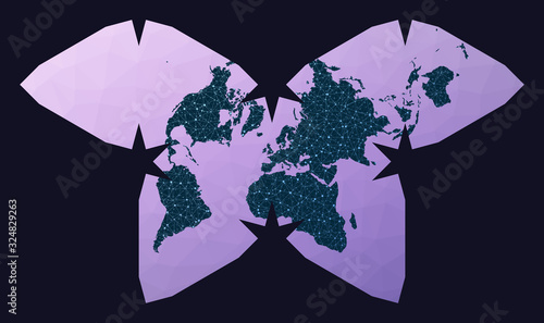 World map connection. Steve Waterman's butterfly projection. World network map. Wired globe in Polyhedral Waterman projection on geometric low poly background. Stylish vector illustration.
