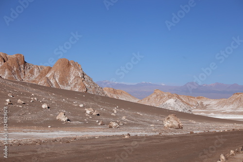 Mountains of Atacama desert in Chile against a clear blue sky.
