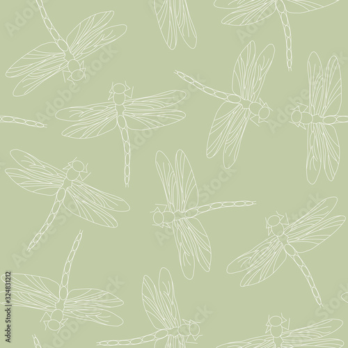 Vector White Dragonflies on a Green Background Seamless Repeat Pattern. Background for textiles, cards, manufacturing, wallpapers, print, gift wrap and scrapbooking.