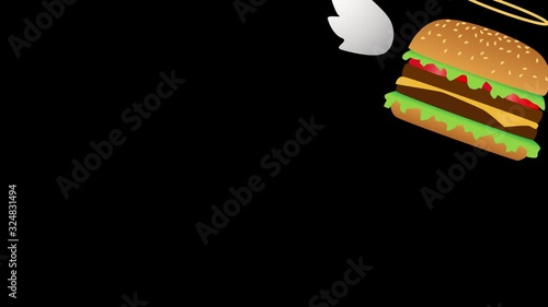 Fresh tasty animated cartoon burger appearing and shining with divine light. Then cheesburger flying away. Restaurant, cafe advertising