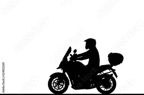 Silhouette biker with his motorbike on white background