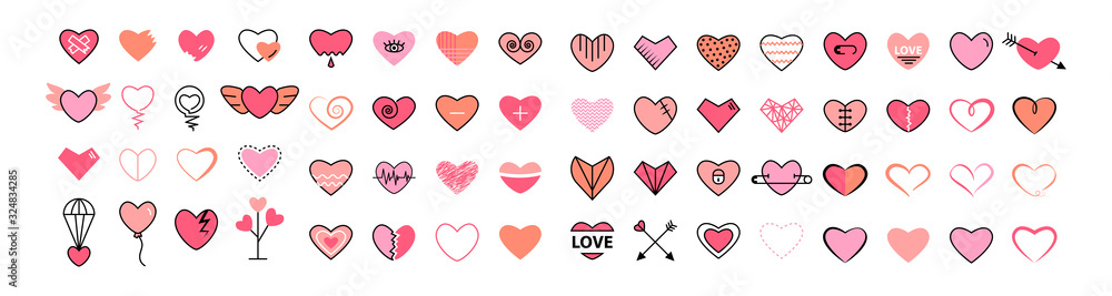 Heart icon big set flat ,pink and thin black